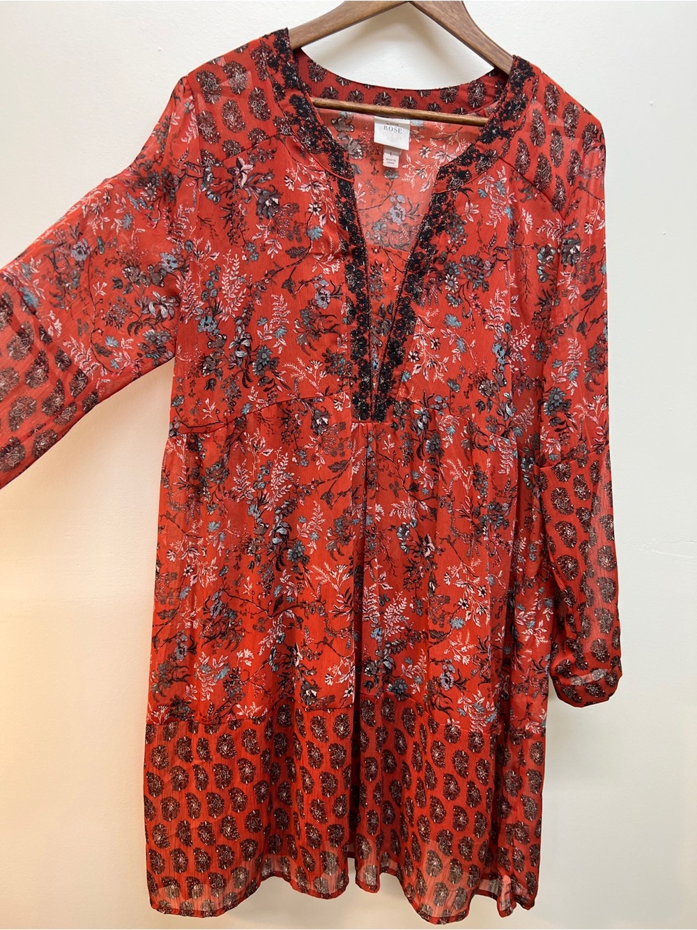 Knox Rose Burnt Orange Floral Midi Dress with Blue and Cream Accents - Picture 8 of 10